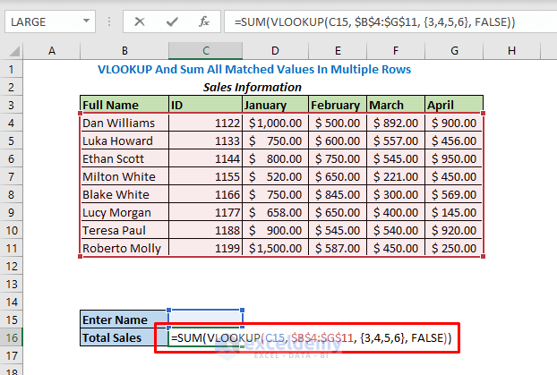 Enter formula using SUM and VLOOKUP functions