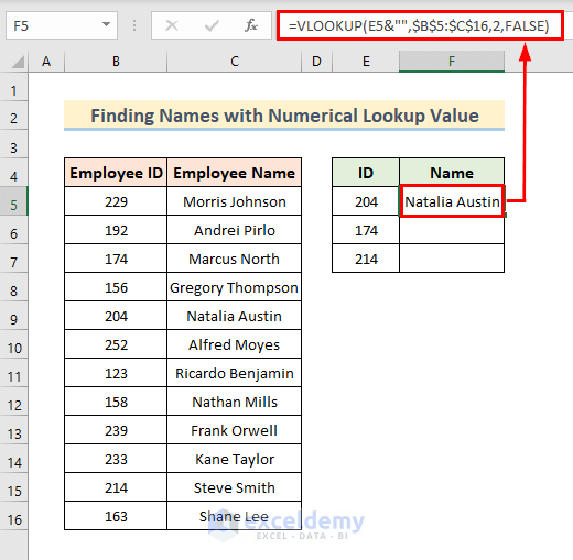 Find Names Using VLOOKUP with Numerical Lookup Value Inserted as Text