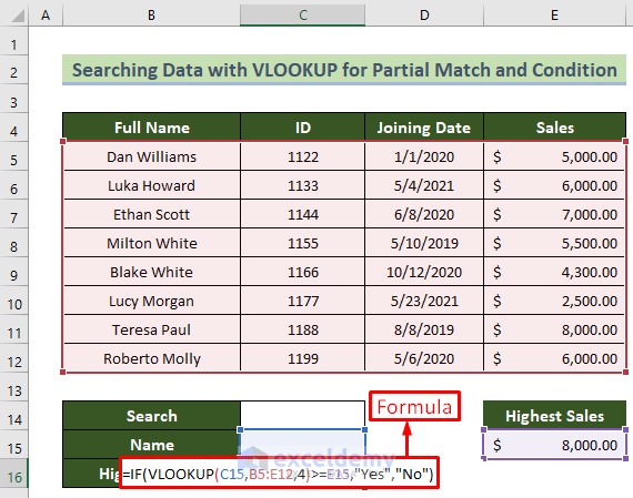 VLOOKUP Formula to Apply Condition with VLOOKUP for Partial Match