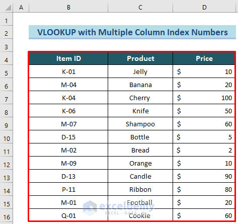 Sample Dataset to Apply Multiple Column Index Numbers in VLOOKUP