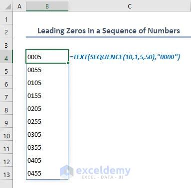 adding leading zeros in a sequence of numbers in excel with text function