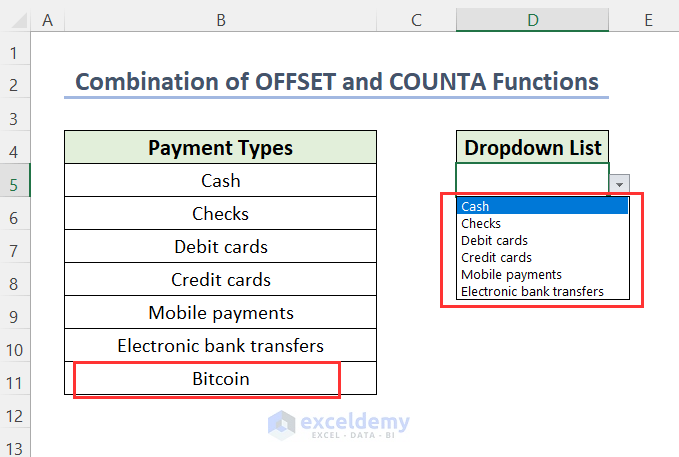 Using OFFSET and COUNTA Functions to Auto Update Drop Down List in Excel