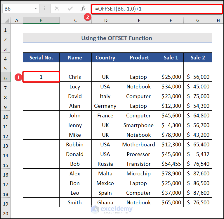 Using OFFSET function for automatic numbering in Excel