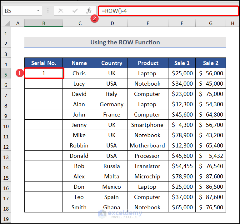 Applying the ROW Function to automatic numbering in excel