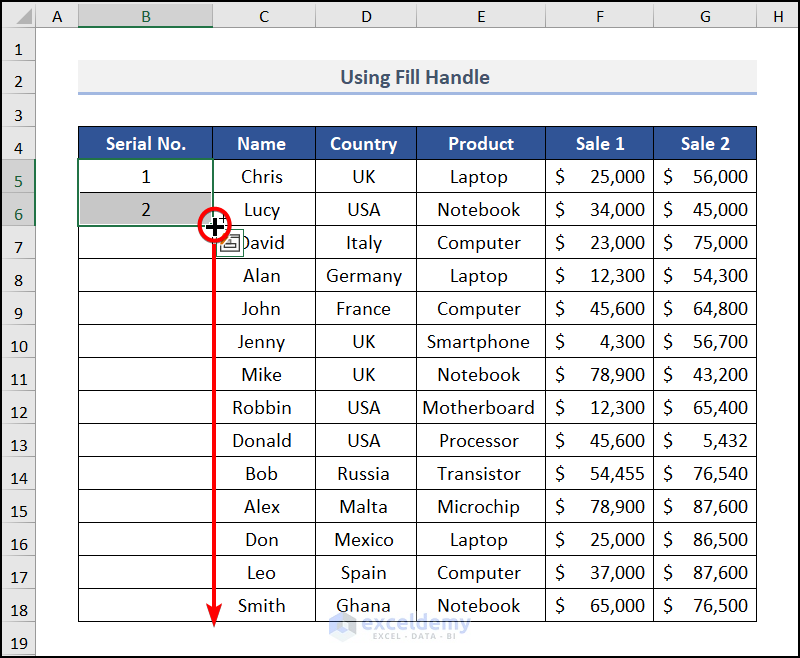 Fill handle for automatic numbering in excel