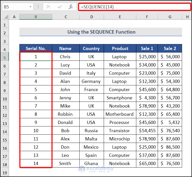 Using the SEQUENCE Function to automatic numbering in excel
