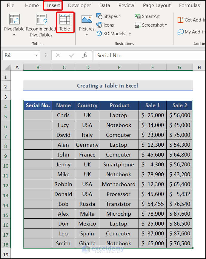 Creating a Table in Excel to automatic numbering in excel