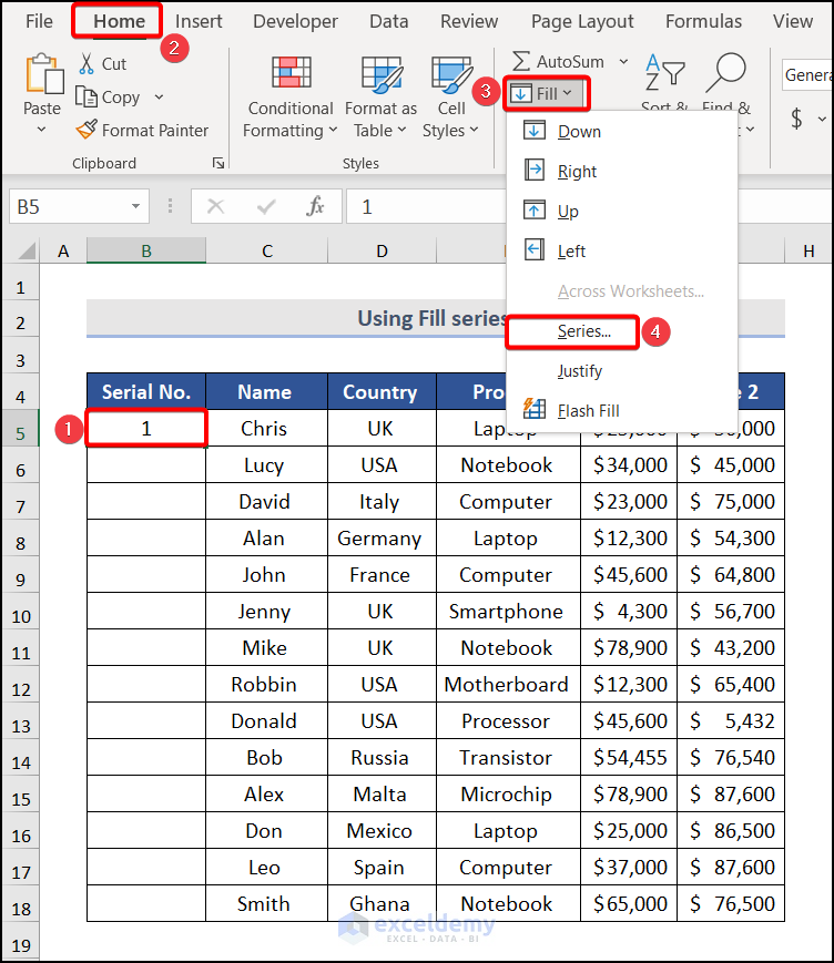 Using Fill Series for automatic numbering in Excel