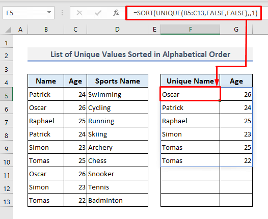 Get a List of Unique Values Sorted in Alphabetical Order
