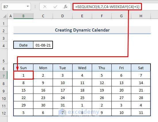 creating dynamic calendar with sequence function in excel