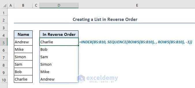 creating list in reverse order with index sequence functions in excel