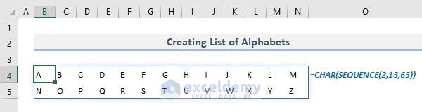 creating list of alphabets with char and sequence functions in excel