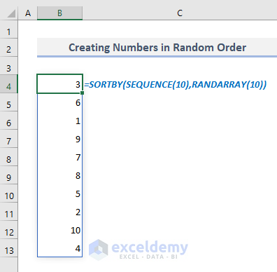 creating numbers in random with sequence sortby functions in excel