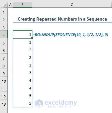 creating repeated numbers in a sequence with roundup function in excel