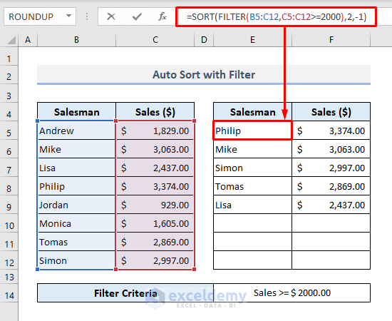 Auto Sort by Filtering When Data Changes in Excel