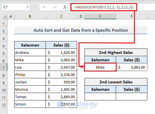 Auto Sort and Get a Value from a Specific Position when data changes in excel