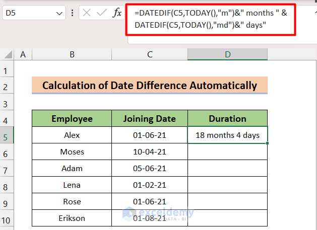 Calculation of Date Difference Automatically