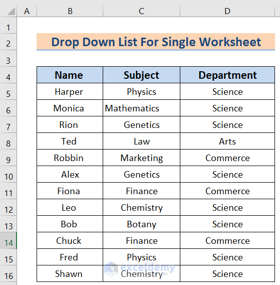 Dataset to Create excel drop down list from another sheet