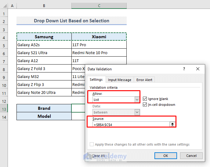 Use Data Validation for Selection of the Items to Make an Independent Drop Down