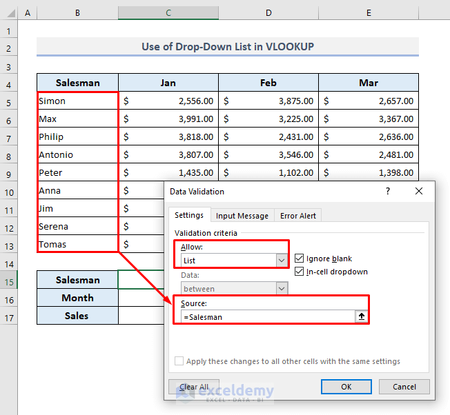 vlookup with drop down list - Setting Up the Drop Down Lists