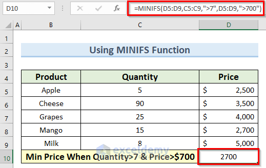 using minifs function to find minimum value based on multiple criteria in excel