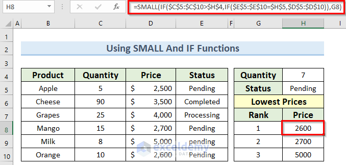 using small and if functions to find minimum value based on multiple criteria in excel