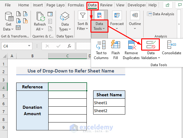 Use of Drop Down to Input Sheet Name in the INDIRECT Function in Excel