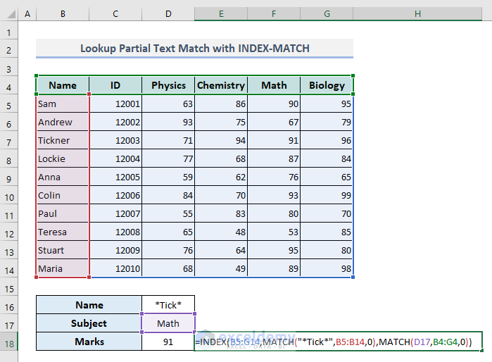 Lookup Partial Text Match with INDEX-MATCH Functions