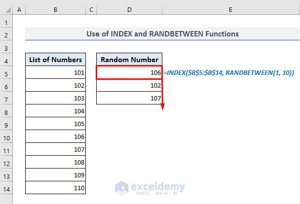 index and randbetween functions to generate random number from list in excel