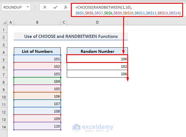use of choose and randbetween functions to generate random number from list in excel