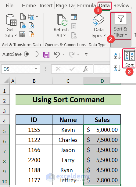 selecting sort command to sort by column to keep rows together in excel