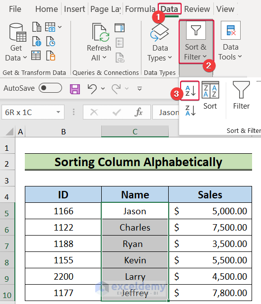 selecting sort a to z to sort by column to keep rows together in excel