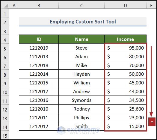 Employing Custom Sort Tool to sort column by value in Excel