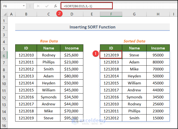 Inserting SORT Function to sort column by value in Excel 
