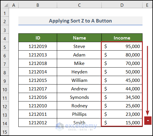 Applying the Sort Z to A Button to sort column by value in Excel