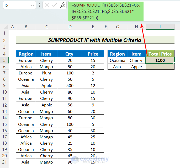 Apply SUMPRODUCT-IF Formula with Multiple Criteria in Different Columns