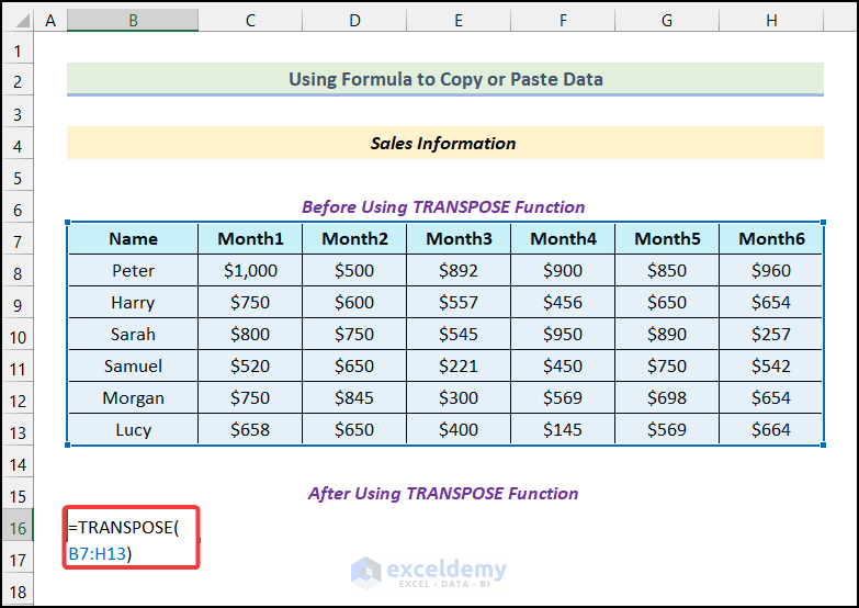 Copy or Paste Data to use the TRANSPOSE function in Excel