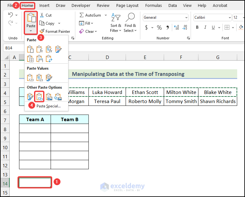 Using Paste options to manipulate data by Transpose option in Excel