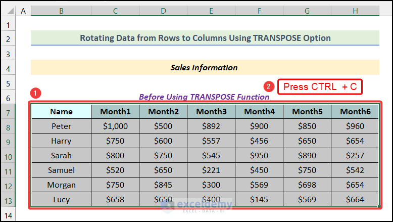 Using Transpose Option from Paste Options to use the TRANSPOSE function in Excel