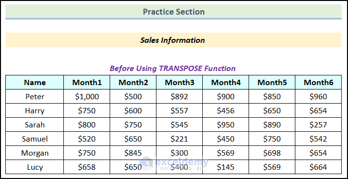 practice sectionto use the TRANSPOSE function in Excel