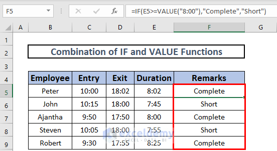 Combination of functions Excel VALUE Function