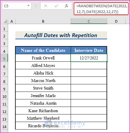 Using RANDBETWEEN and DATE functions to autofill dates