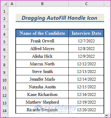 Dragging AutoFill Handle Icon to Autofill Dates