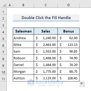 Double-Click Fill Handle to Autofill Numbers
