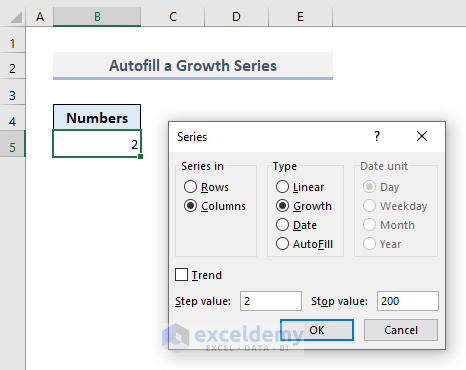 Autofill Numbers with a Geometric Pattern in Excel