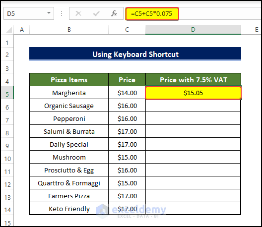 Use Keyboard Shortcut to Auto Fill Adjacent Cell with Formulas