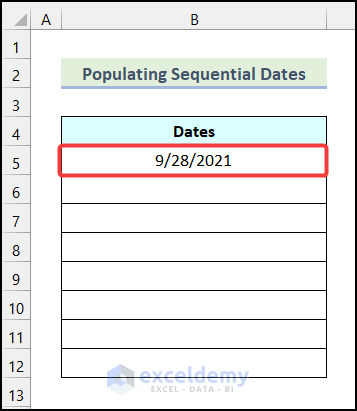 Utilizing AutoFill Feature to insert a date in Excel