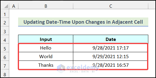 Final output of method 6 to insert date in excel