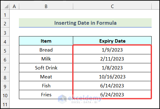 Final output of method 8 to insert date in excel