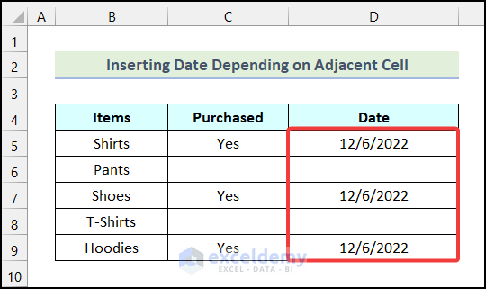 Final output of method 5 to insert date in excel
